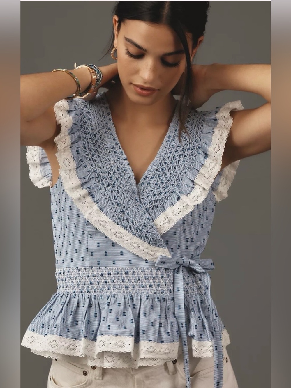 Anthropologie Maeve Smocked Ruffle Lace Wrap Blouse, size S